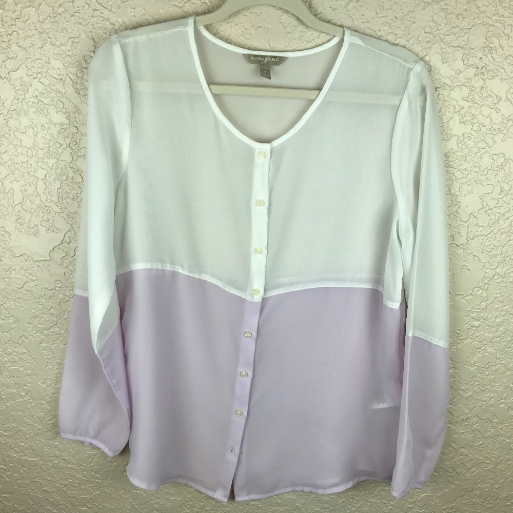 Banana Republic Womens White & Lavender Top Sz S Color Block Blouse Button Front